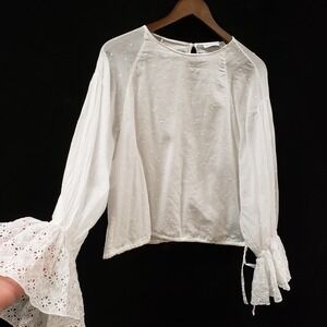 Scanlan Theodore Womens Long Bell Sleeve Top Size M/L White‎ Swiss Dot Quiet Lux